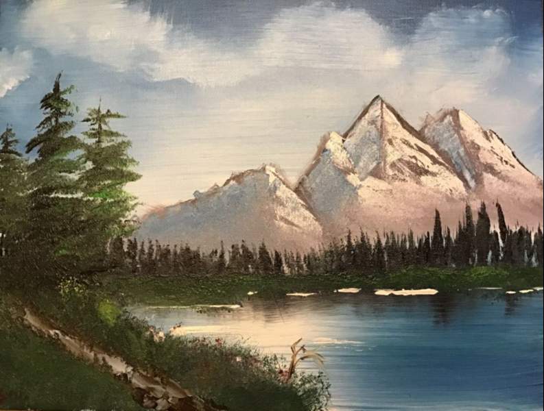 My first (Distant Mountains) and second Oil painting while trying to follow Bob  Ross. (Without liquid white) : r/HappyTrees