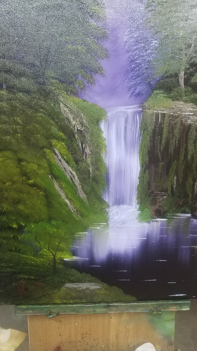 bob ross waterfall in the woods