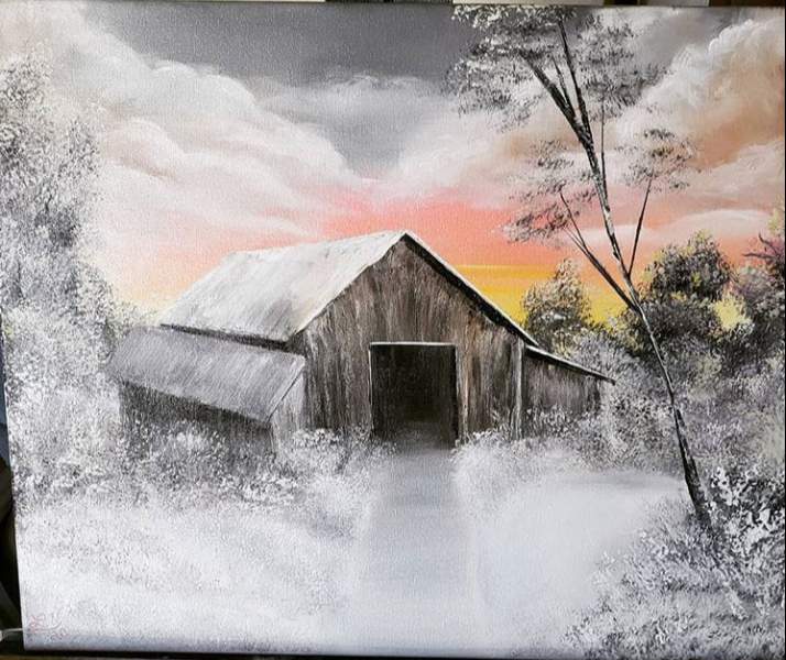 bob ross barn at sunset