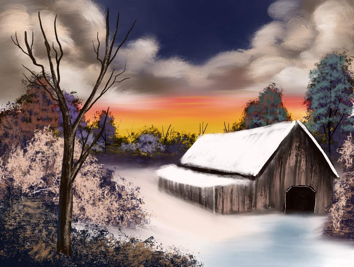 bob ross barn at sunset