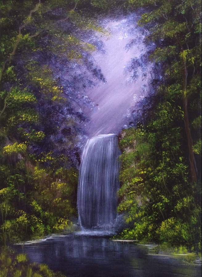 bob ross waterfall in the woods