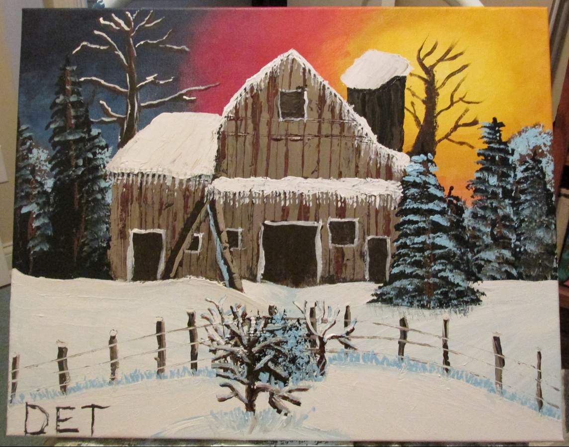 bob ross barn in snow oval