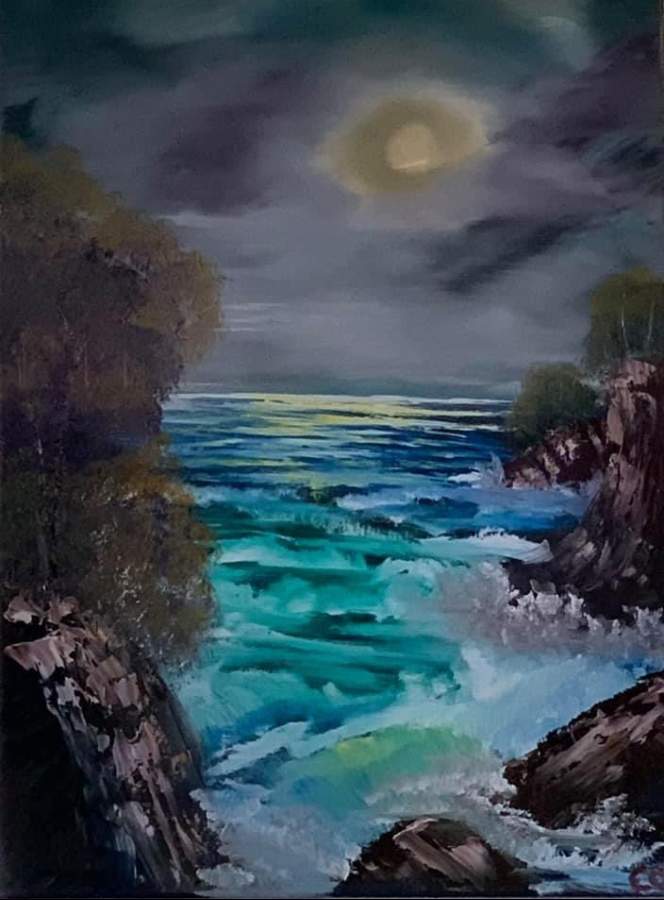 bob ross black and white seascape