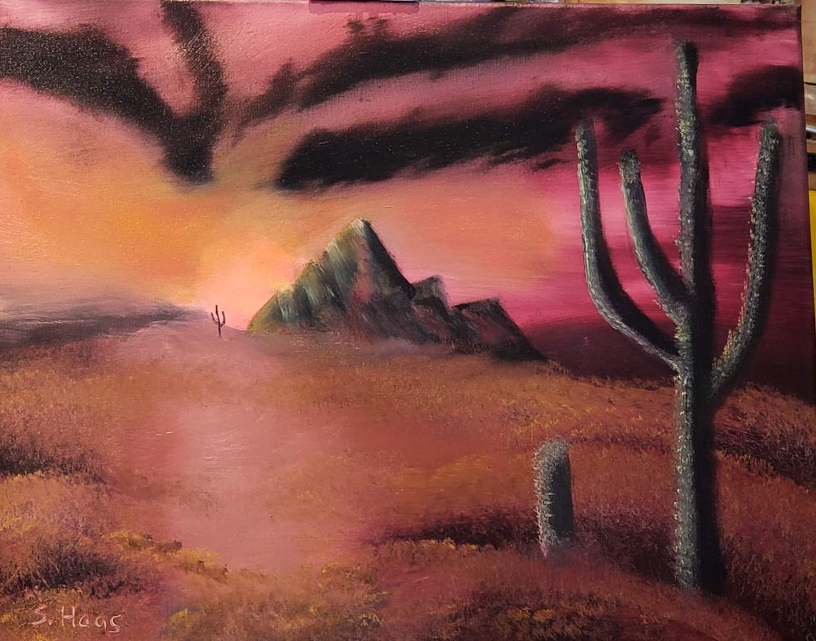 bob ross cactus sunset