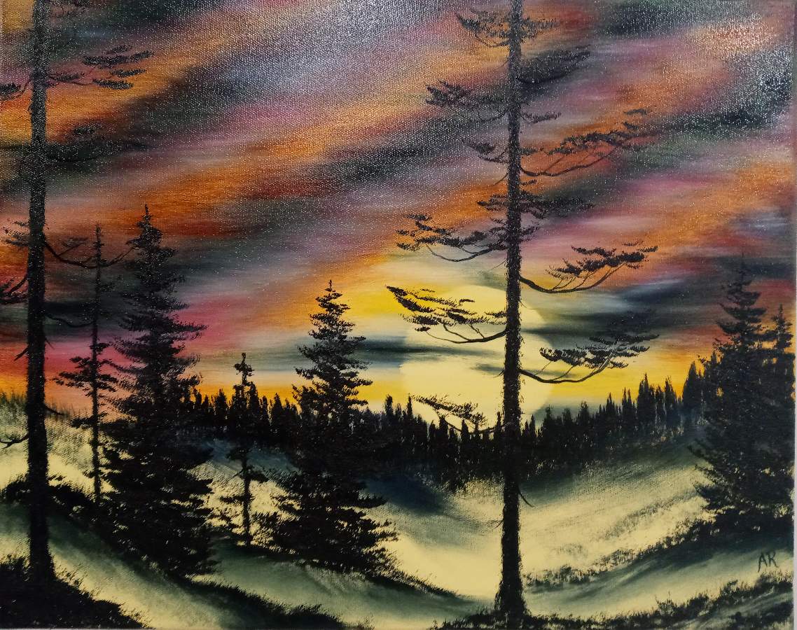 bob ross evergreens at sunset