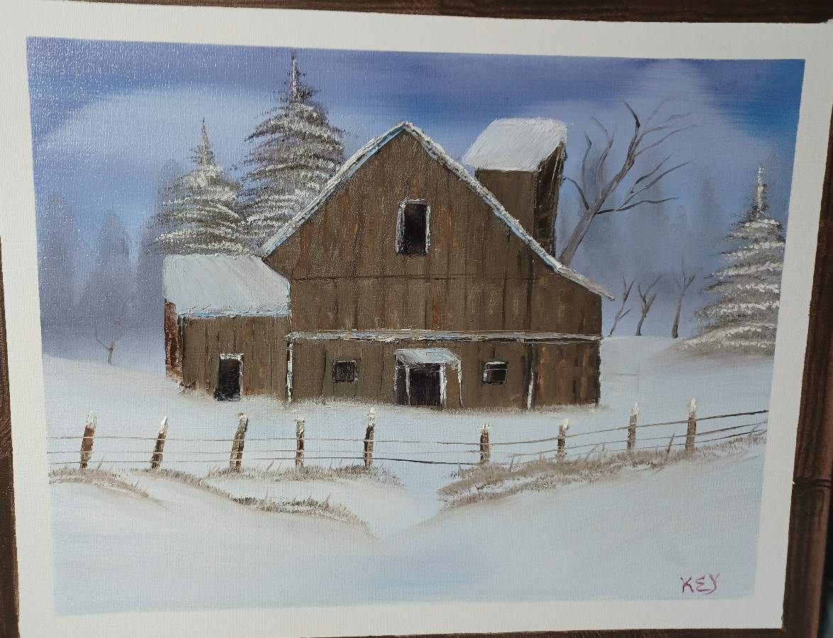 bob ross barn in snow oval