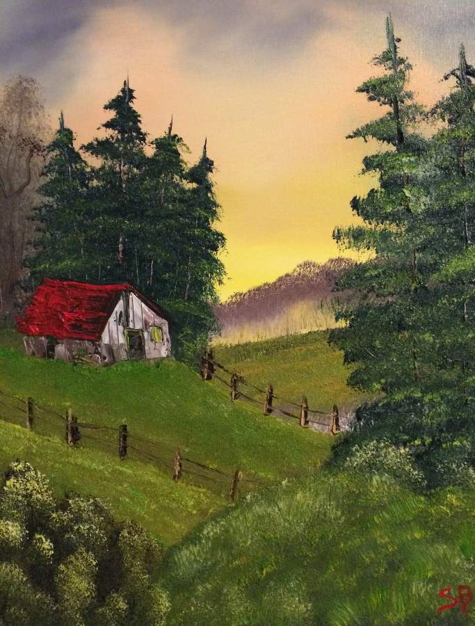 cabin at sunset bob ross