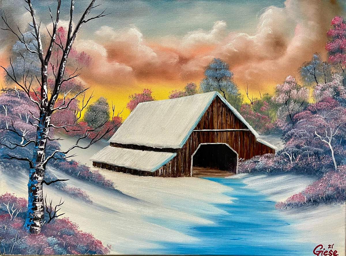 bob ross barn at sunset