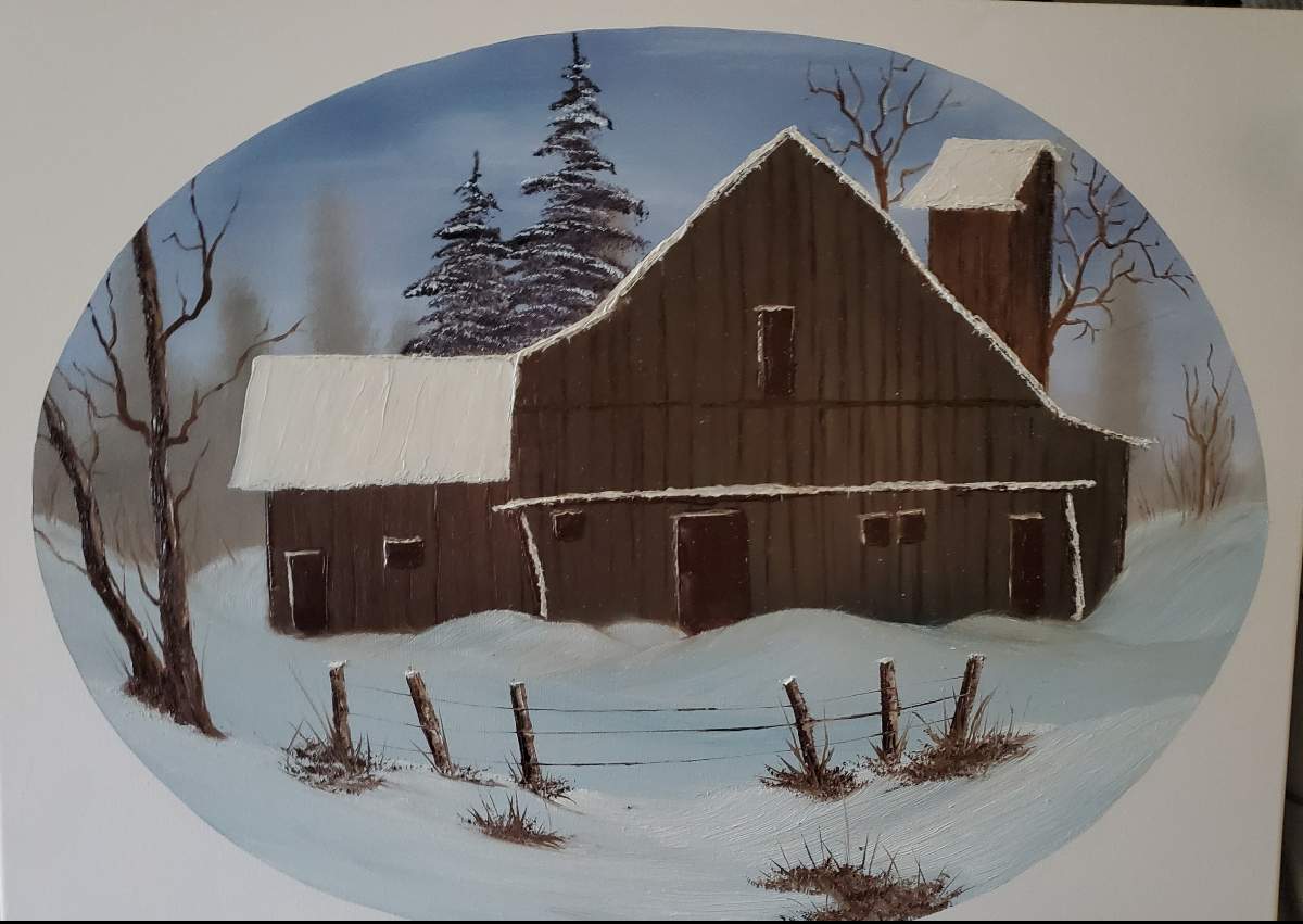 bob ross barn in snow oval