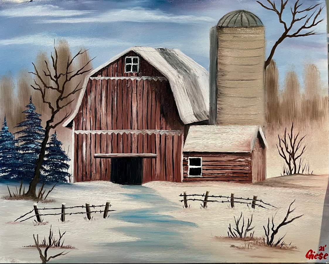 bob ross barn in snow oval