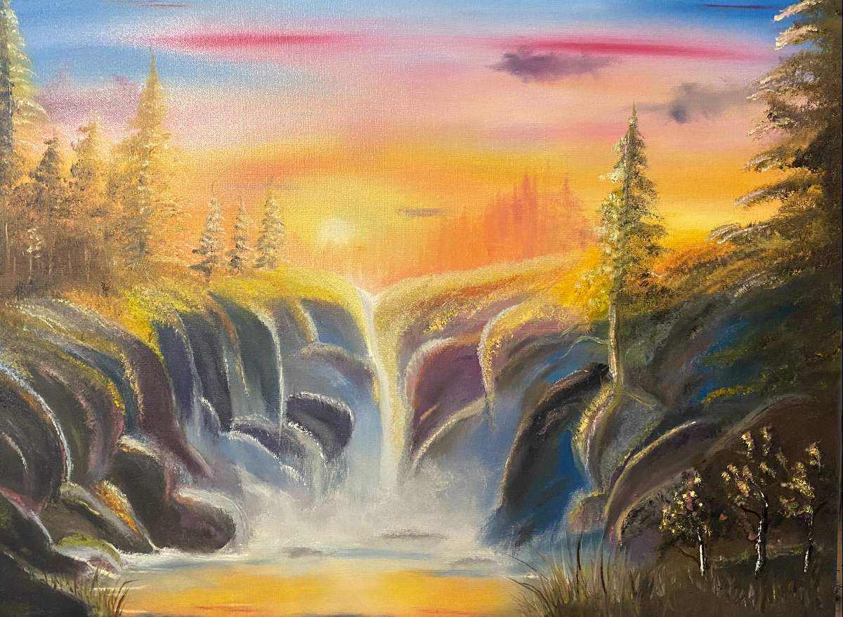 waterfall sunset painting