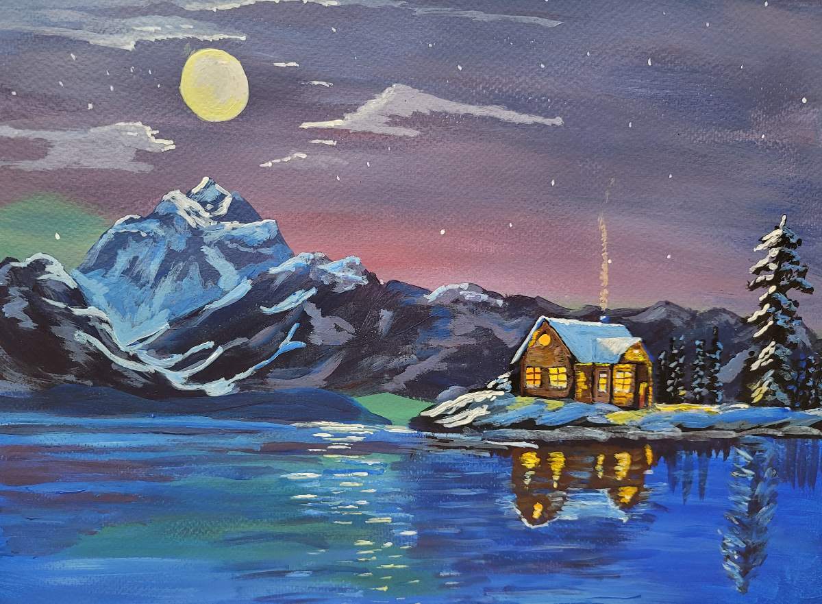 Painting a Snowy Winter Night / Acrylic Painting for Beginners 