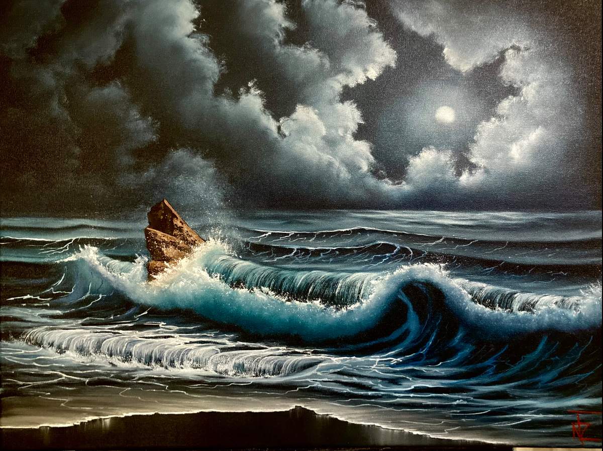 Day 4 Bob Ross Seascape Workshop • Moonlit Seascape • Nic Hankins