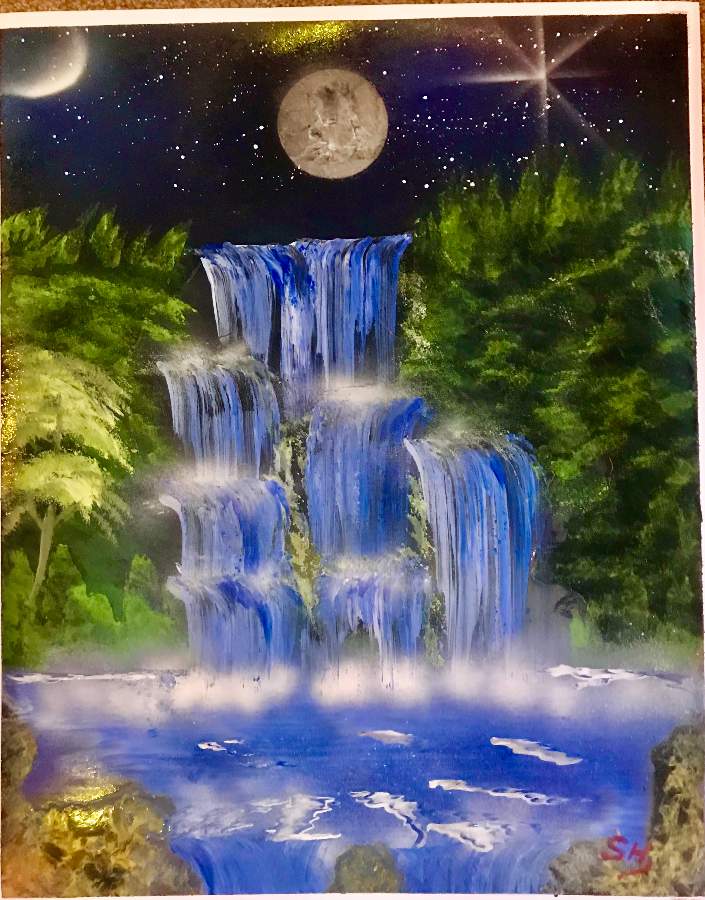 moon and waterfall painting