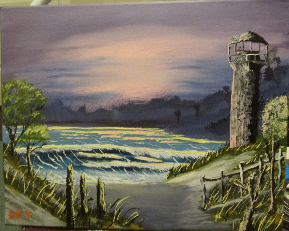 bob ross seascape with lighthouse