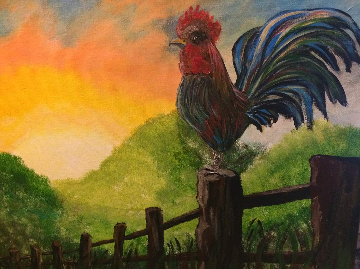 Rooster On Fence   Paintingblondierooster On Fence 